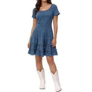 VTG Women's Chorus Blues Denim Zipup Ruffle Dress Size 11 / 12 Cowgirl Country